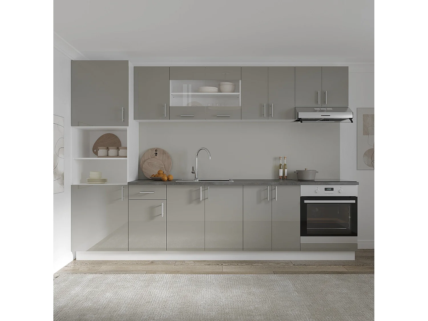 Colonna haaus Karo, 2 ante, con vano per forno, Grigio Lucido/Bianco, MDF, 60 x 50 x 200 cm