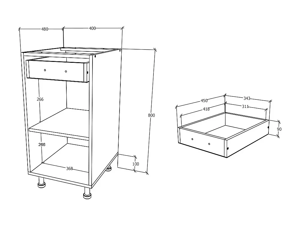 Unterschrank Karo, 1 Schublade, 1 Tür, Naturholz/Weiß, 40 x 50 x 80 cm