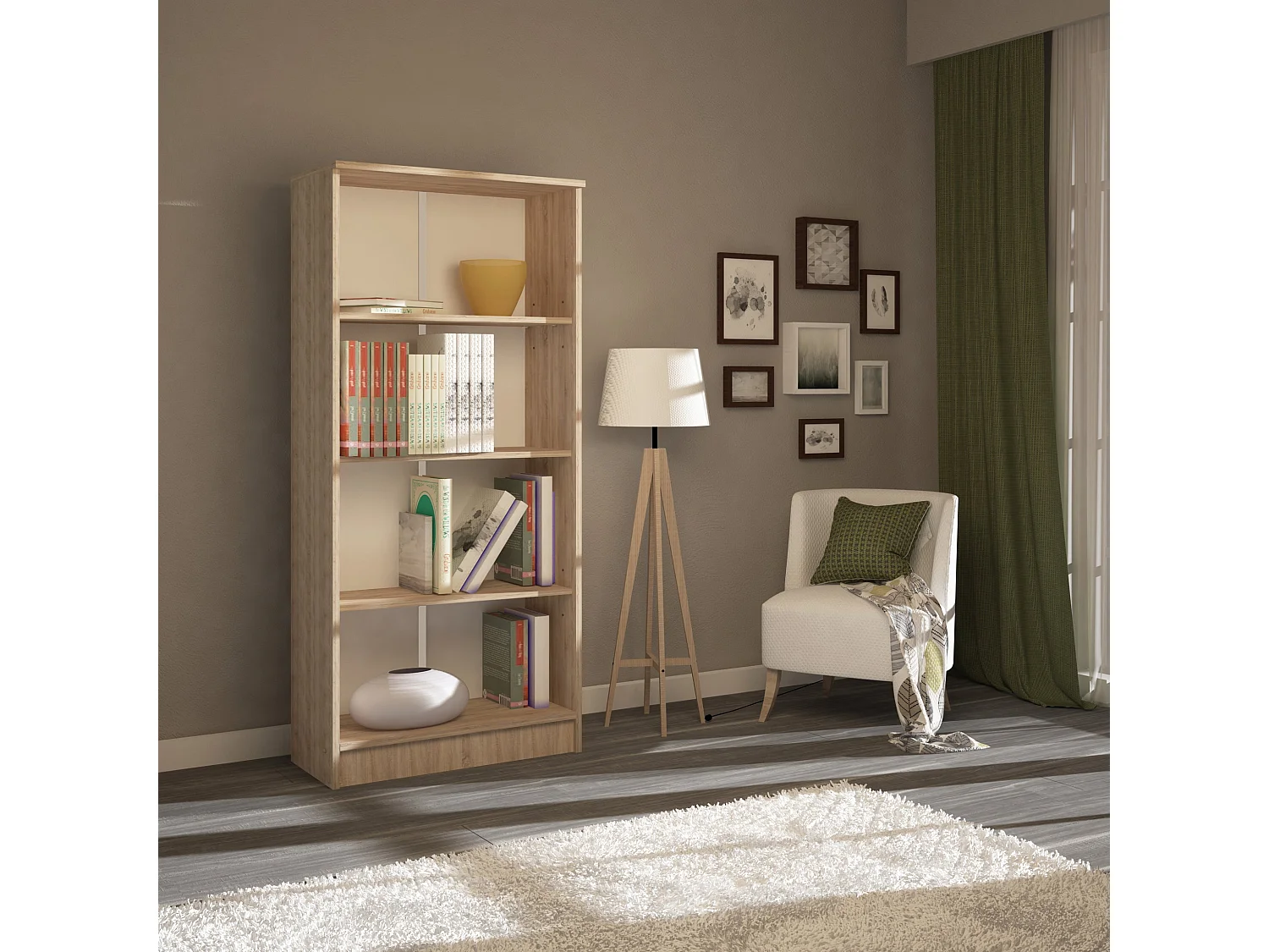 Bibliothèque haaus Flint, 3 étagères, Chêne Sonoma, 70 x 32 x 159 cm