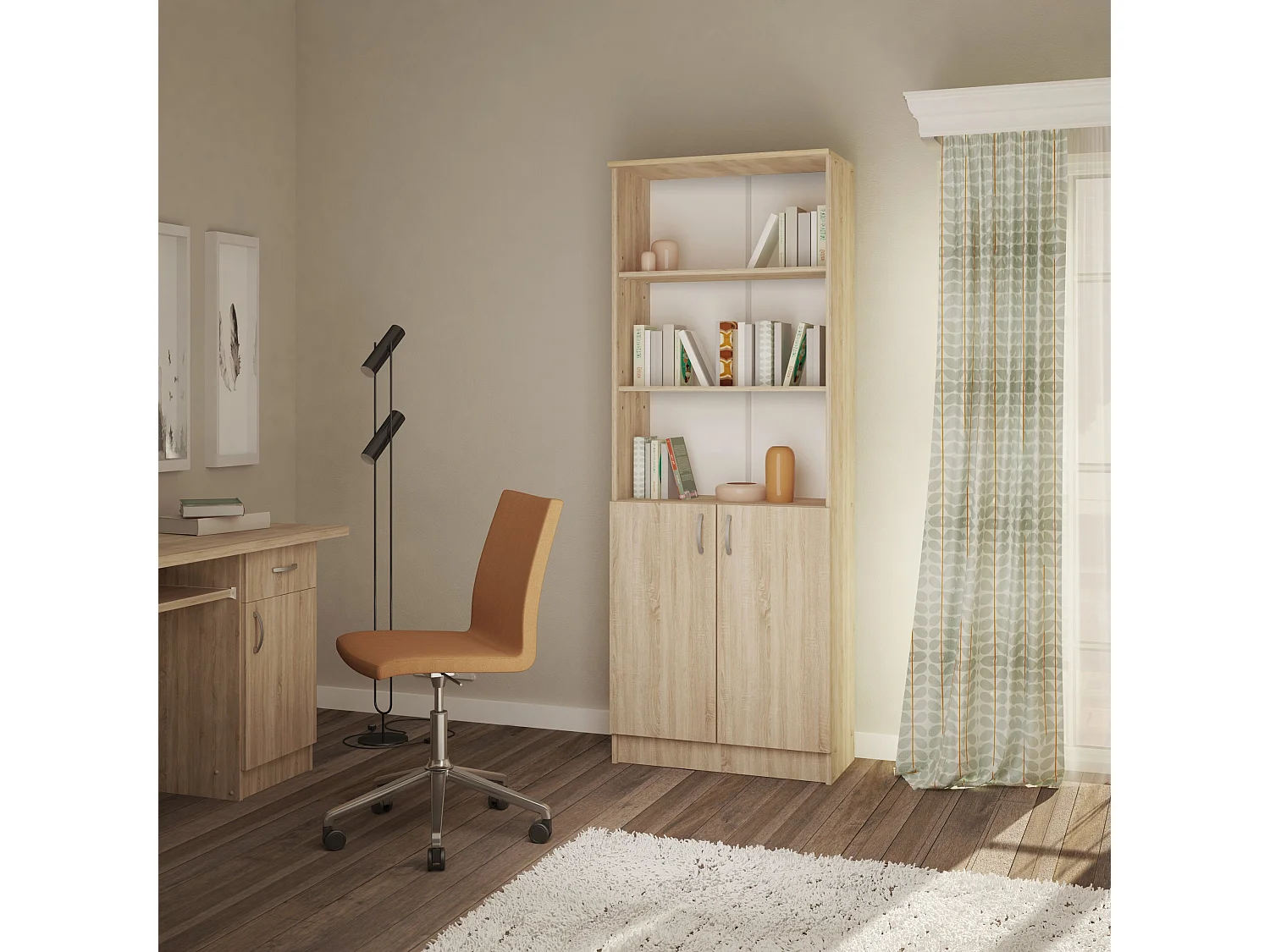 Libreria haaus Flint, con ante inferiori e 2 ripiani, Rovere Sonoma, 70 x 32 x 196 cm