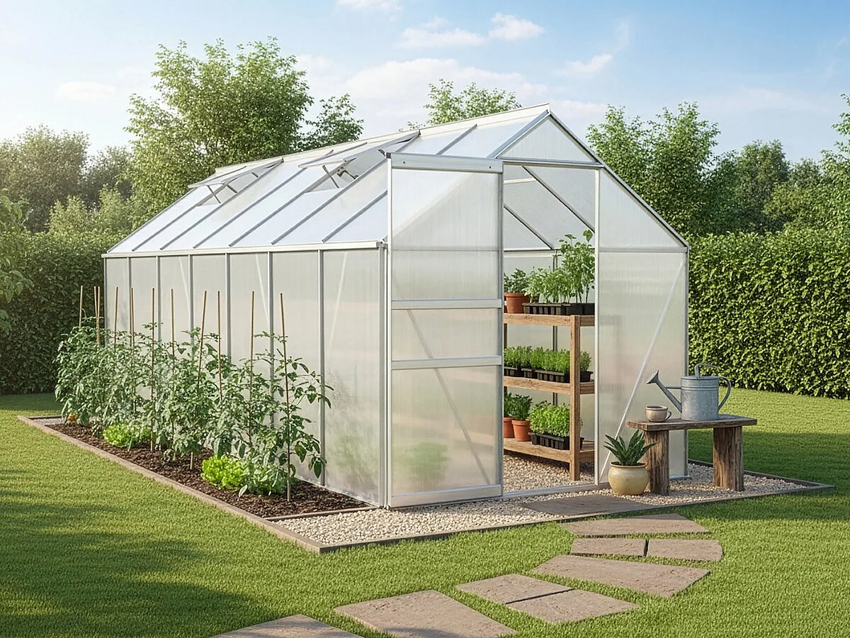 Serre jardin en polycarbonate 430 x 190 x 195 cm "Basilic" - 8,17 m² - Gris