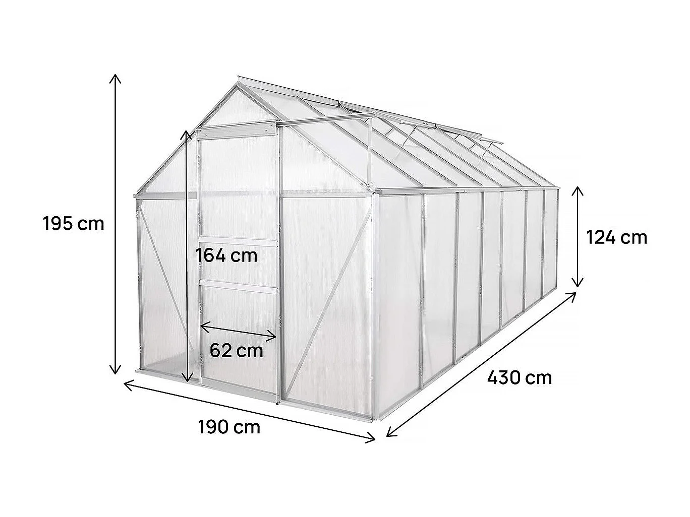 Serre jardin en polycarbonate 430 x 190 x 195 cm "Basilic" - 8,17 m² - Gris