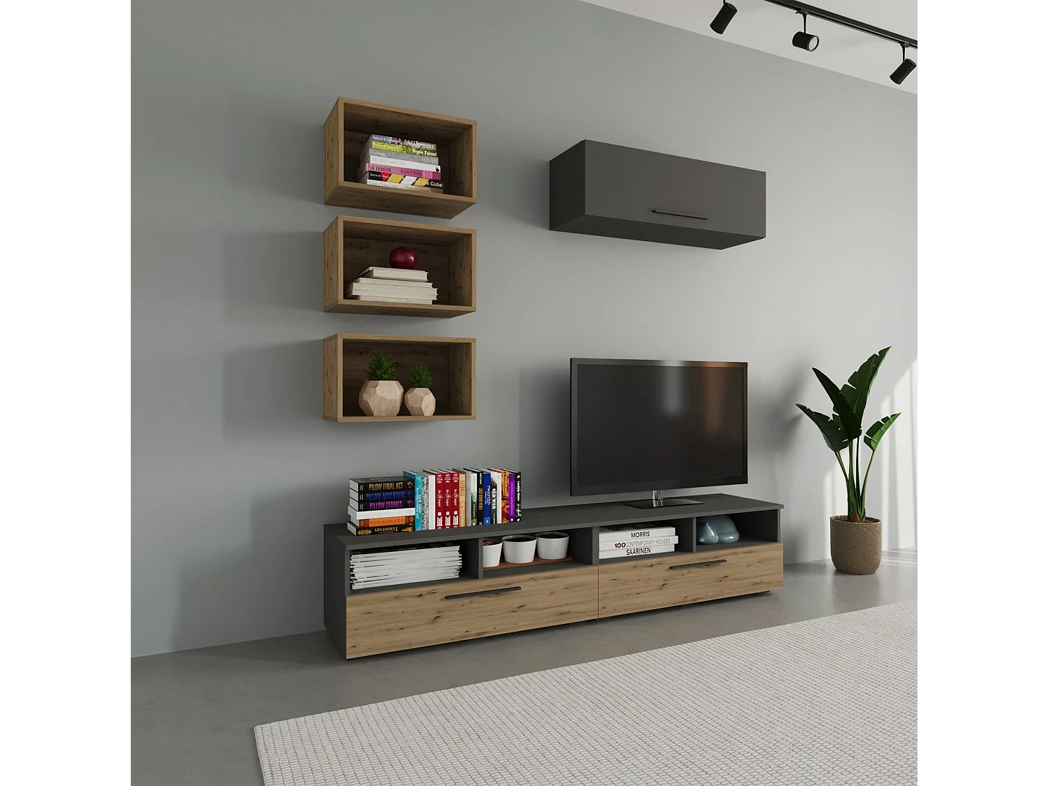 Woonwand Kos V17, antraciet/artisan eiken, L 190 cm