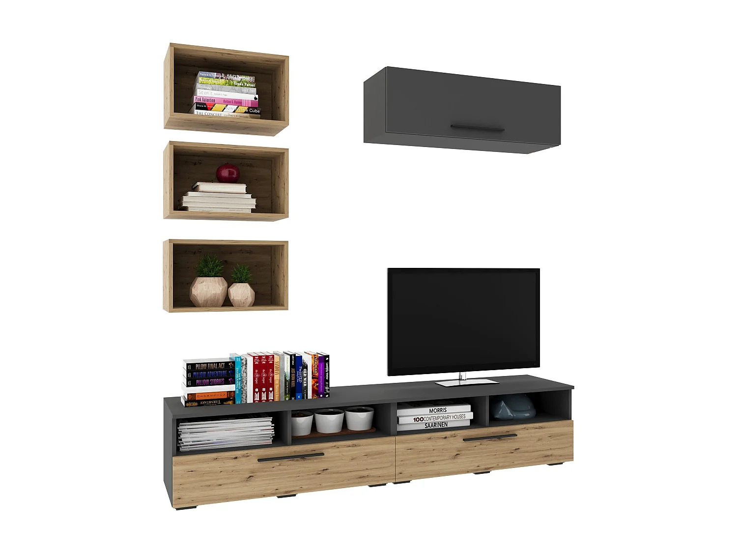 Woonwand Kos V17, antraciet/artisan eiken, L 190 cm