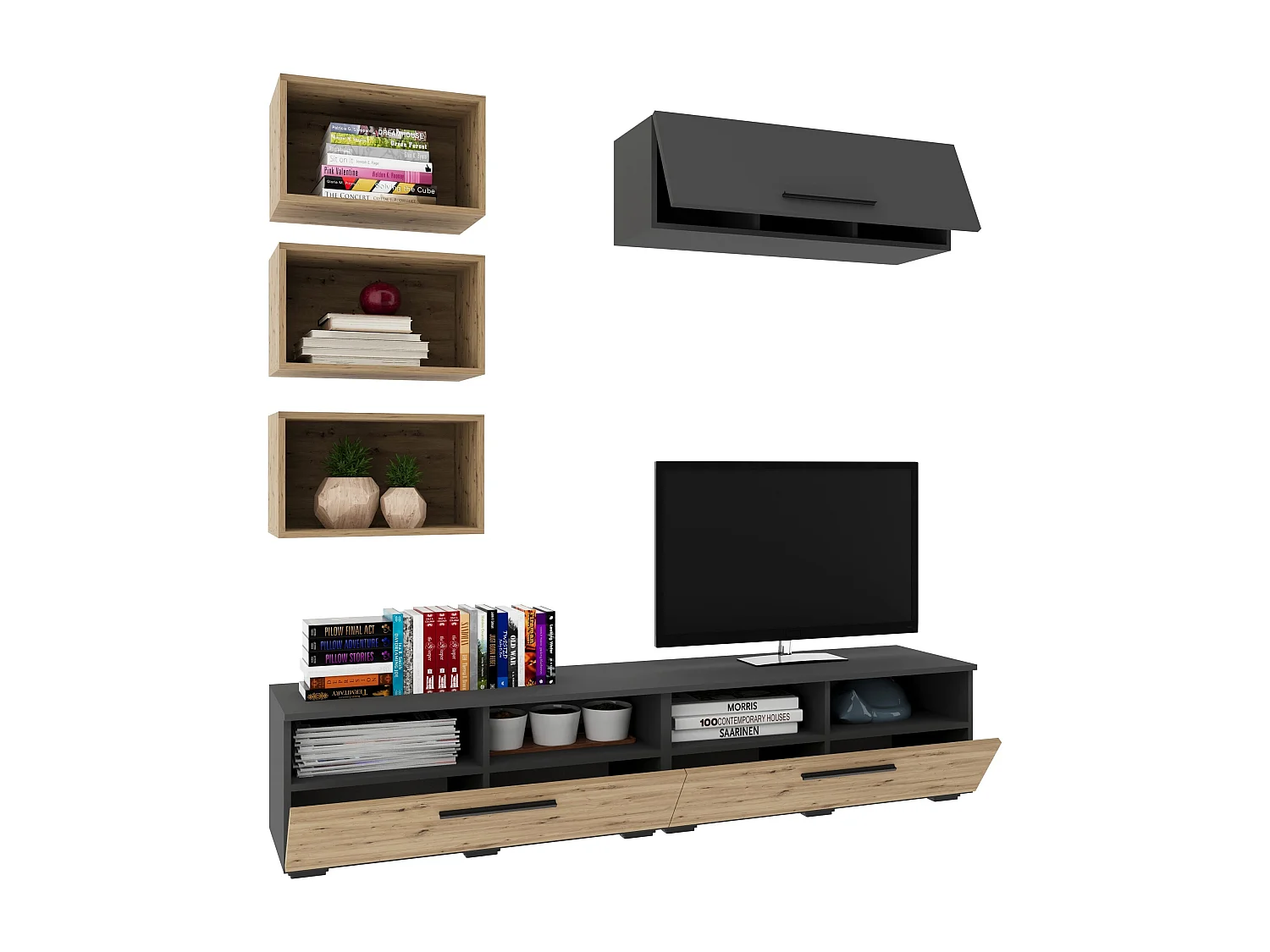 Woonwand Kos V17, antraciet/artisan eiken, L 190 cm