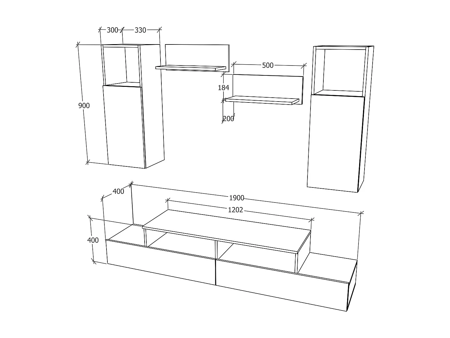 Woonwand Osaka, antraciet, L 190 cm
