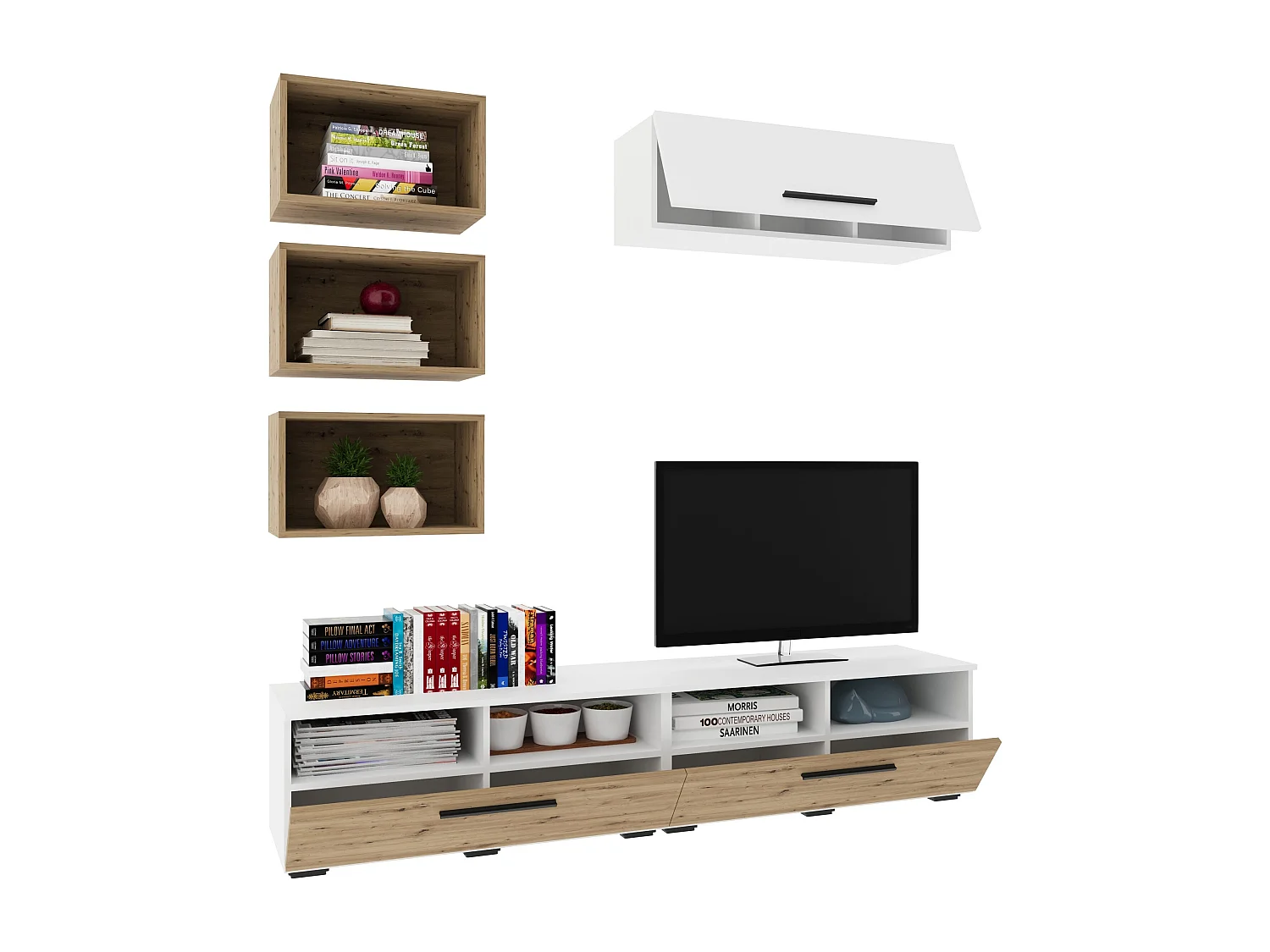 Conjunto sala haaus Kos V 17, 6 peças, móveis TV, armários suspensos, prateleiras, Branco/Carvalho Artisan, L 190 cm