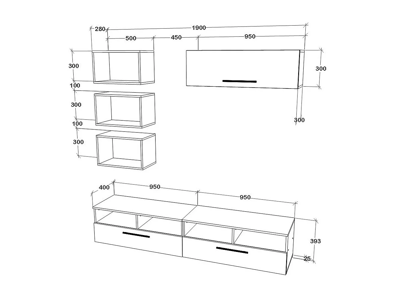 Conjunto sala haaus Kos V 17, 6 peças, móveis TV, armários suspensos, prateleiras, Branco/Carvalho Artisan, L 190 cm