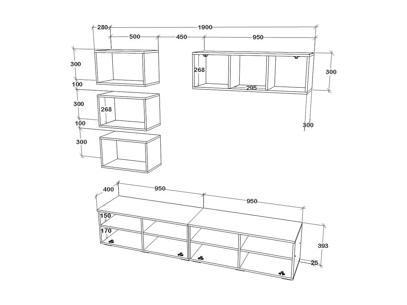 Conjunto sala haaus Kos V 17, 6 peças, móveis TV, armários suspensos, prateleiras, Branco/Carvalho Artisan, L 190 cm