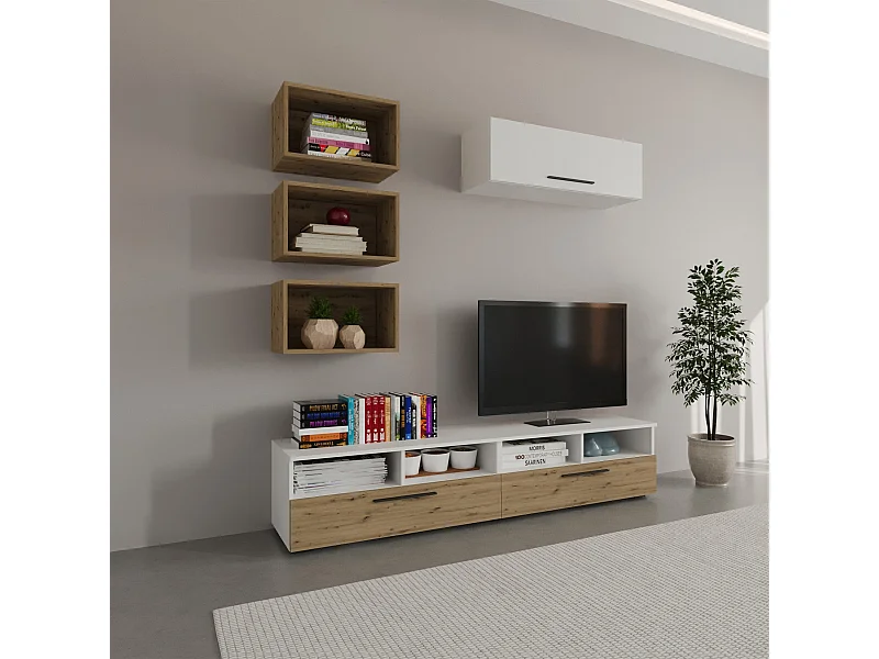 Conjunto sala haaus Kos V 17, 6 peças, móveis TV, armários suspensos, prateleiras, Branco/Carvalho Artisan, L 190 cm