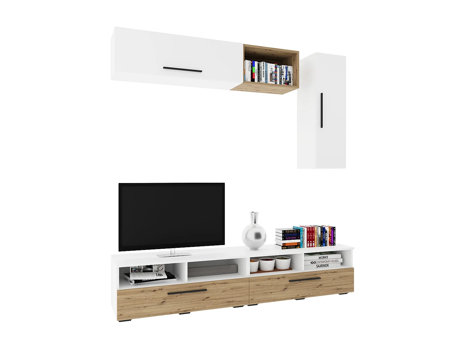 Conjunto sala haaus Kos V 13, 5 peças, móveis TV, armários suspensos, prateleiras, Branco/Carvalho Artisan, L 190 cm