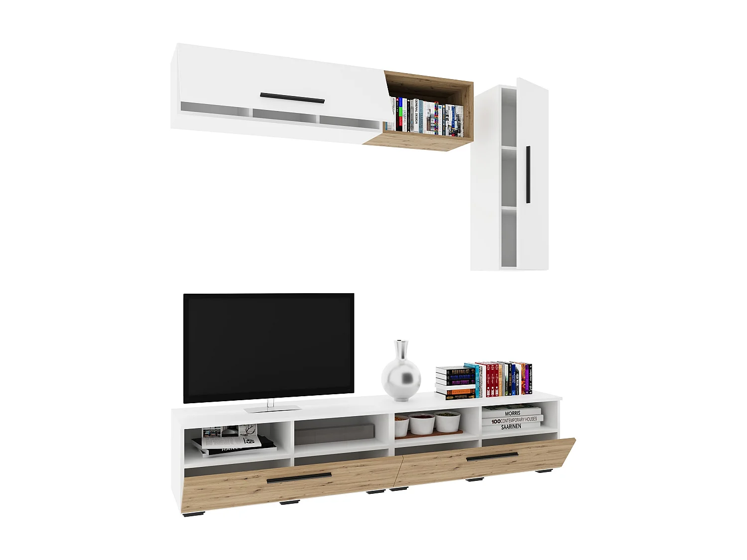 Conjunto sala haaus Kos V 13, 5 peças, móveis TV, armários suspensos, prateleiras, Branco/Carvalho Artisan, L 190 cm