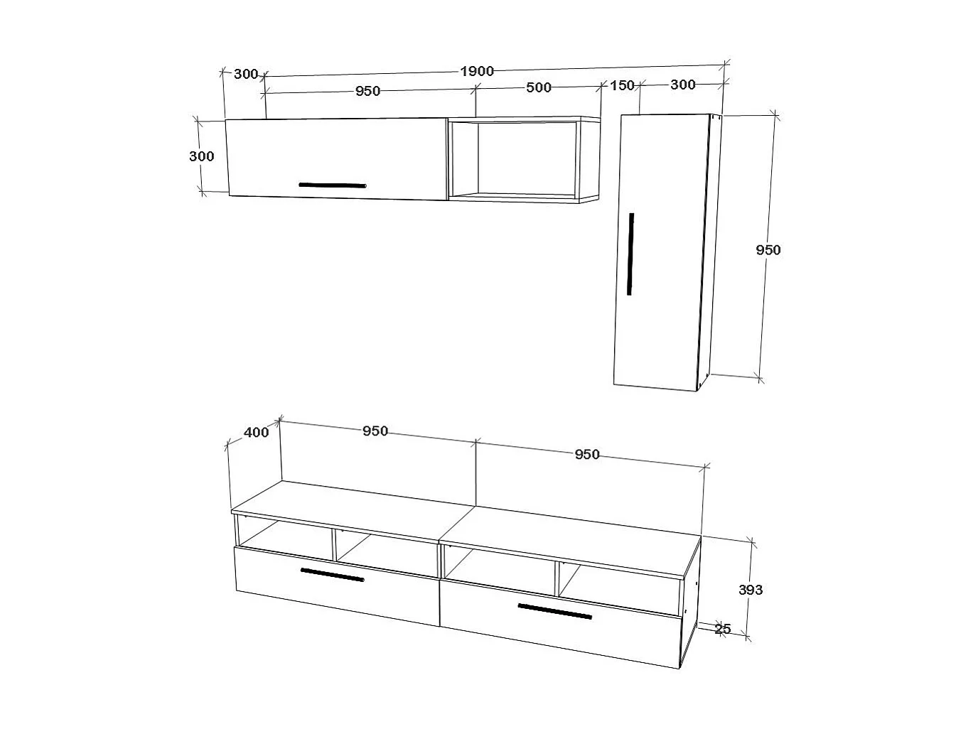 Conjunto sala haaus Kos V 13, 5 peças, móveis TV, armários suspensos, prateleiras, Branco/Carvalho Artisan, L 190 cm