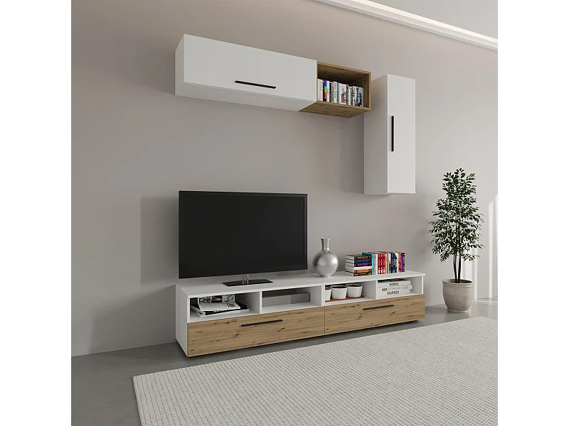 Conjunto salón haaus Kos V 13, 5 piezas, muebles TV, armarios colgantes, estantes, Blanco/Roble Artisan, L 190 cm