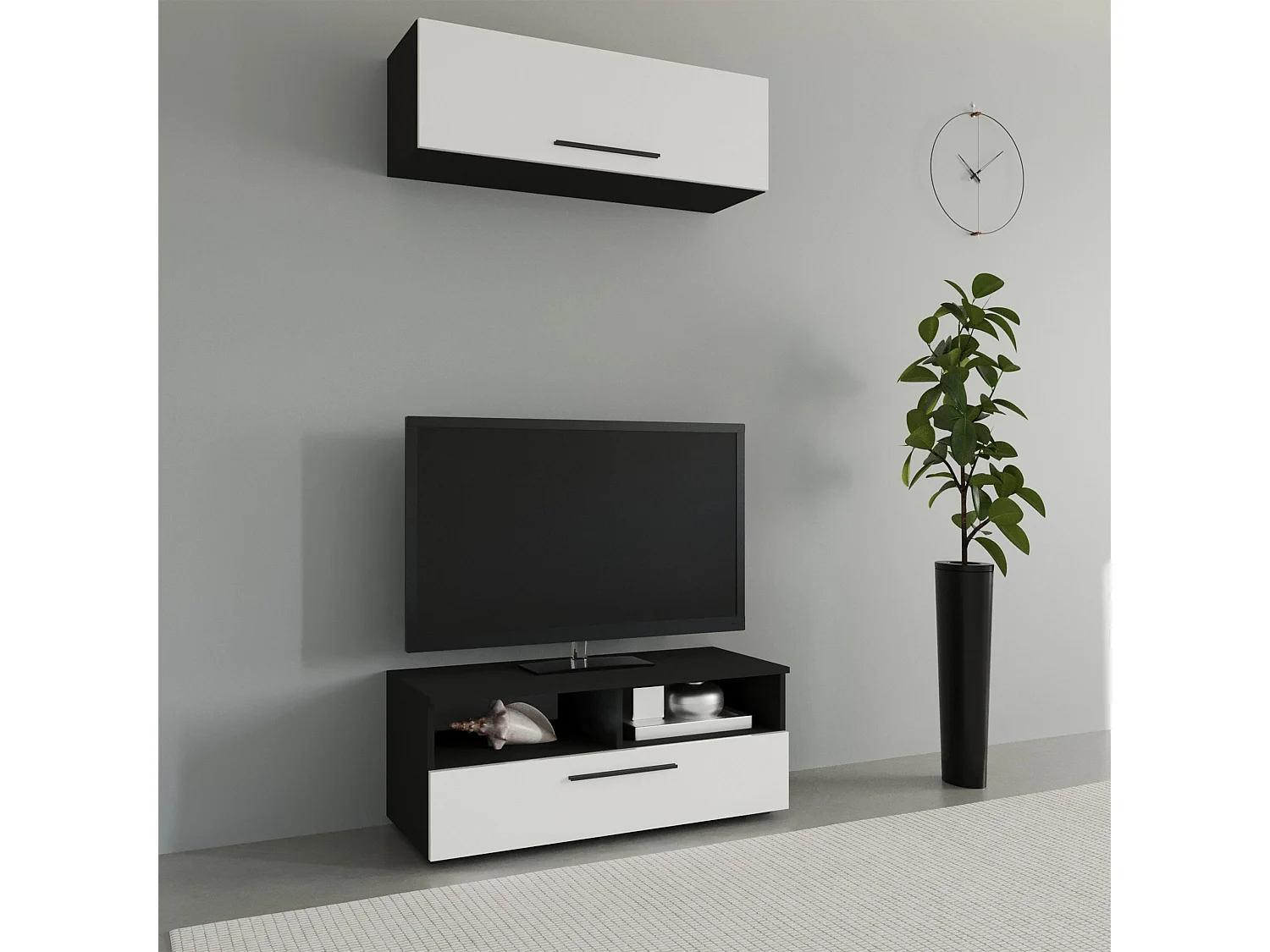Set 2 pièces living haaus Kos V 11, meuble TV, armoire suspendue, Noir/Blanc Brillant, MDF, L 95 cm