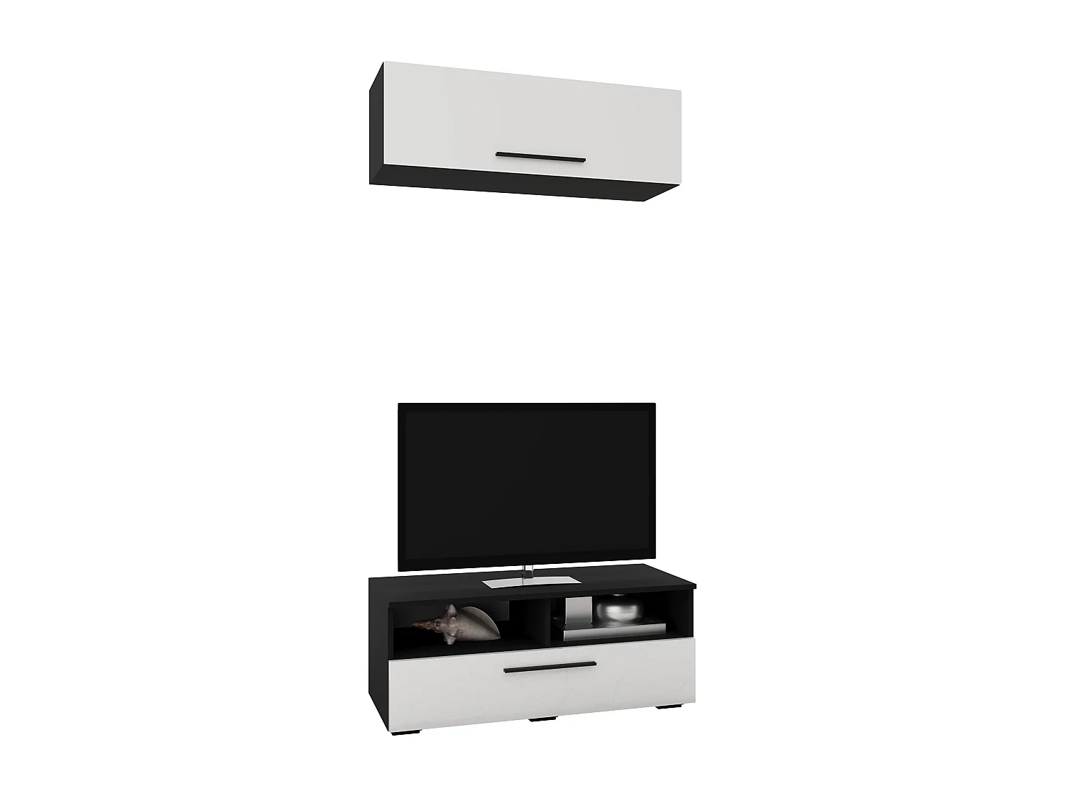 Set 2 pièces living haaus Kos V 11, meuble TV, armoire suspendue, Noir/Blanc Brillant, MDF, L 95 cm