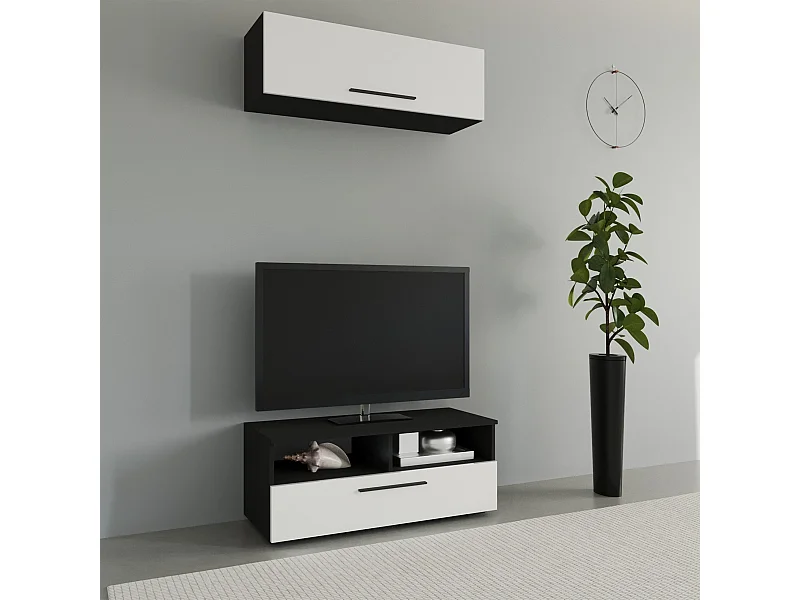 Conjunto salón haaus Kos V 11, 2 piezas, mueble TV, armario colgante, Negro/Blanco Brillo, MDF, L 95 cm