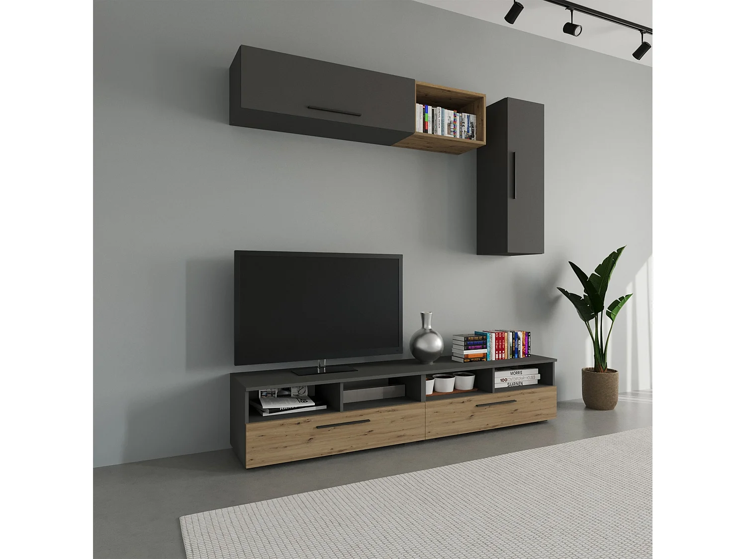 Set soggiorno haaus Kos V 13, 5 pezzi, mobili TV, armadi sospesi, mensole, Antracite/Quercia Artisan, L 190 cm