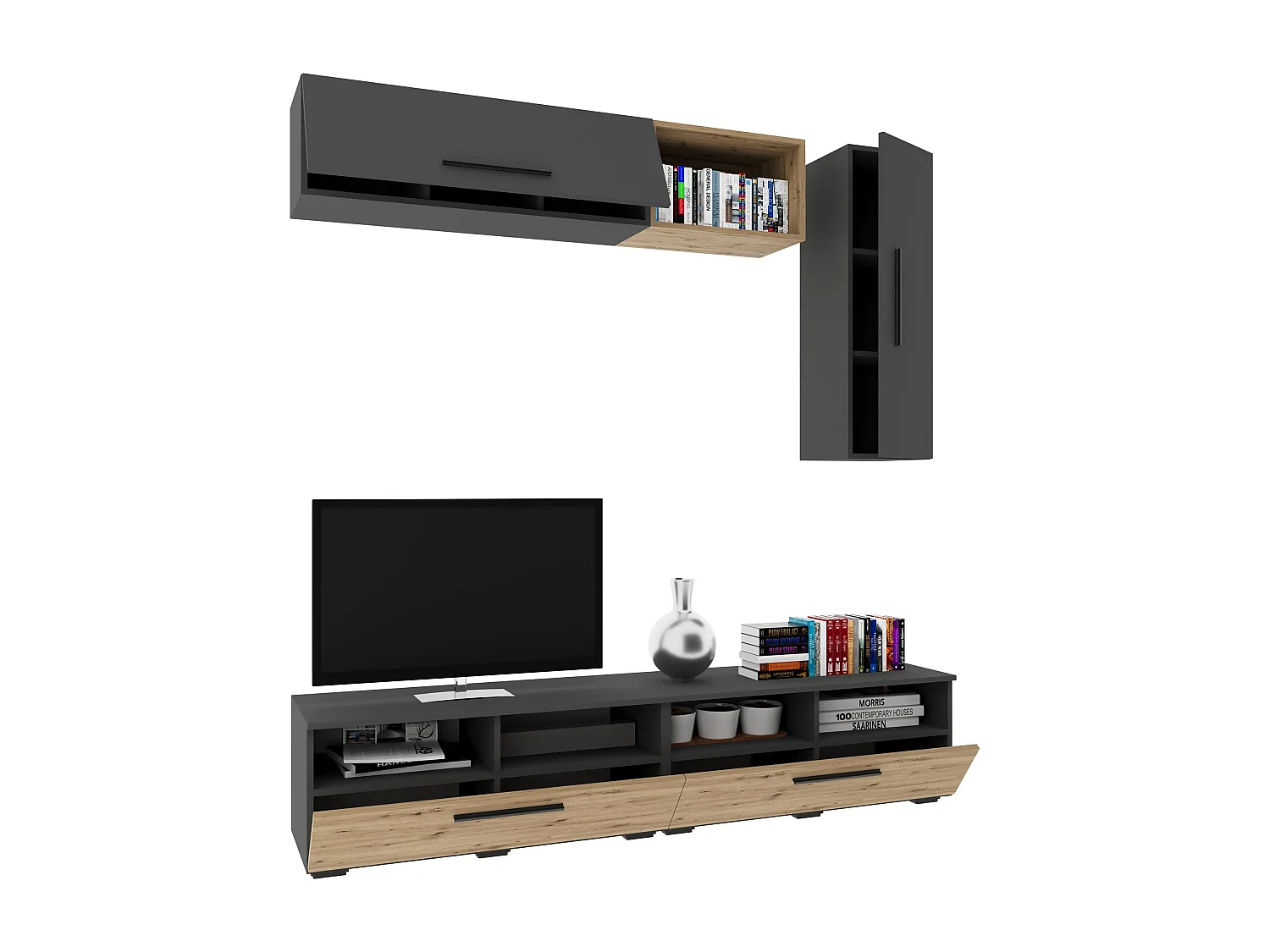 Set soggiorno haaus Kos V 13, 5 pezzi, mobili TV, armadi sospesi, mensole, Antracite/Quercia Artisan, L 190 cm