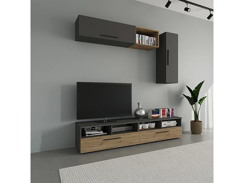 Ensemble salon haaus Kos V 13, 5 pièces, meubles TV, armoires suspendues, étagères, Anthracite/Chêne Artisan, L 190 cm