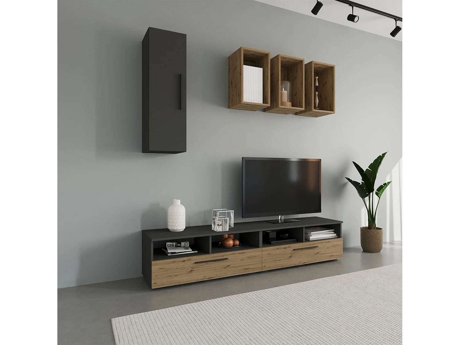 Woonwand Kos V12, antraciet/artisan eiken, L 190 cm