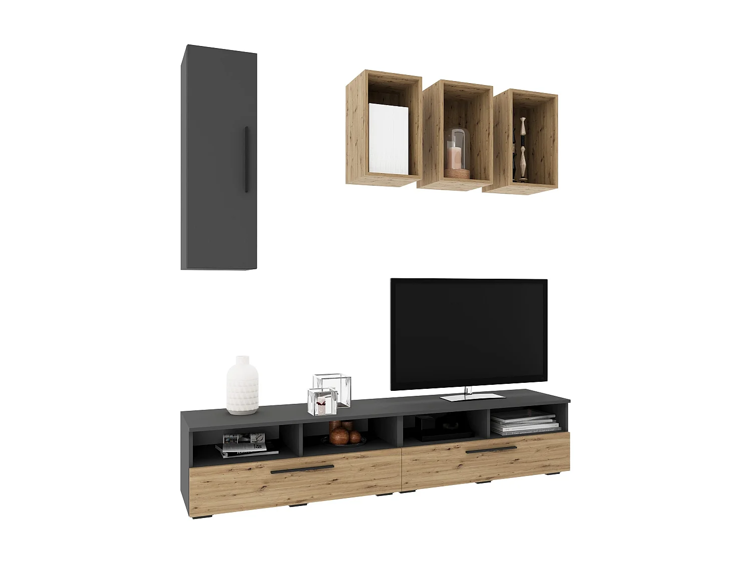 Woonwand Kos V12, antraciet/artisan eiken, L 190 cm