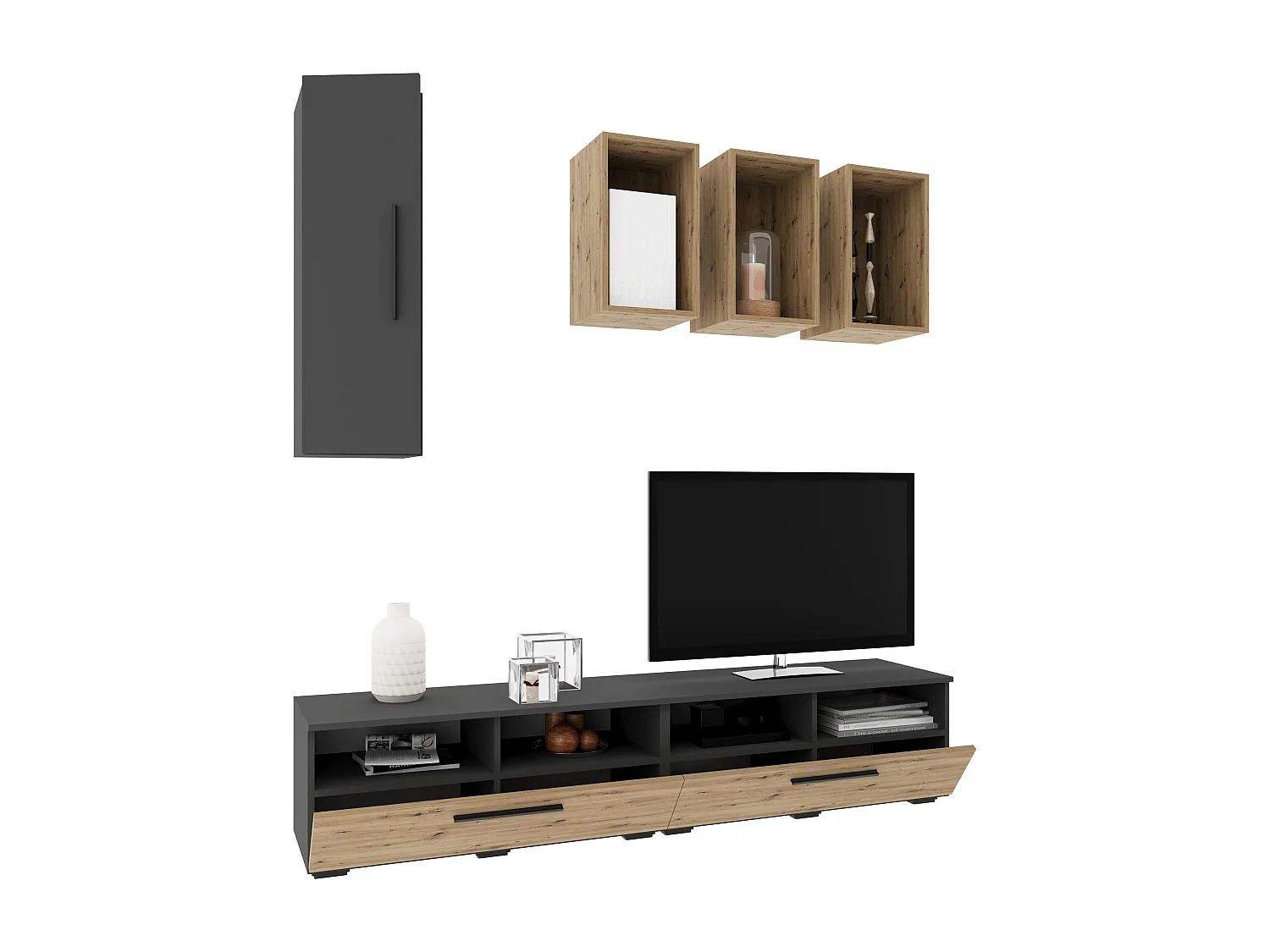 Woonwand Kos V12, antraciet/artisan eiken, L 190 cm