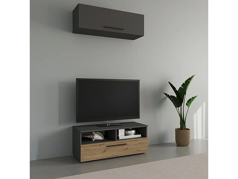 Ensemble salon haaus Kos V 11, 2 pièces, meuble TV, armoire suspendue, Anthracite/Chêne Artisan, L 95 cm