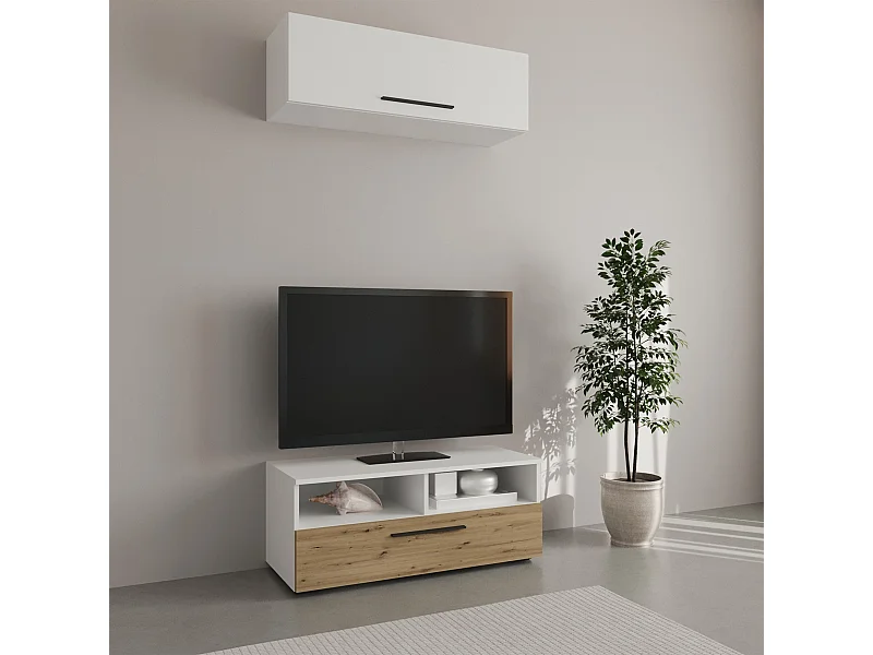 Ensemble salon haaus Kos V 11, 2 pièces, meuble TV, armoire suspendue, Blanc/Chêne Artisan, L 95 cm
