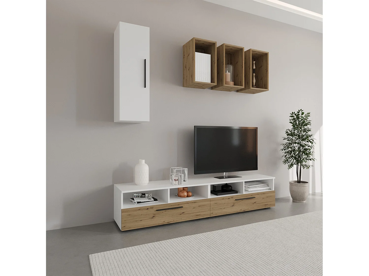 Conjunto sala haaus Kos V 12, 6 peças, móveis TV, armários suspensos, prateleiras, Branco/Carvalho Artisan, L 190 cm