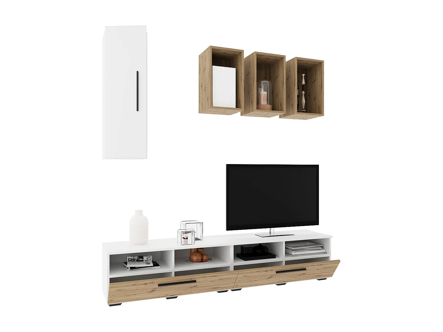 Conjunto sala haaus Kos V 12, 6 peças, móveis TV, armários suspensos, prateleiras, Branco/Carvalho Artisan, L 190 cm