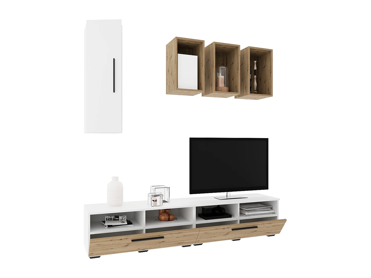 Ensemble salon haaus Kos V 12, 6 pièces, meubles TV, armoires suspendues, étagères, Blanc/Chêne Artisan, L 190 cm