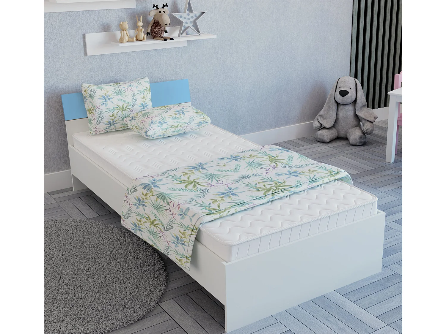 Cama haaus Leco 200x90 cm com colchão de espuma incluído, Branco / Azul
