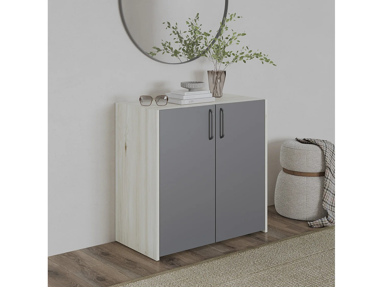 Commode haaus Malmo, 2 Portes, Chêne Blanc/Anthracite, 81 x 42 x 80 cm