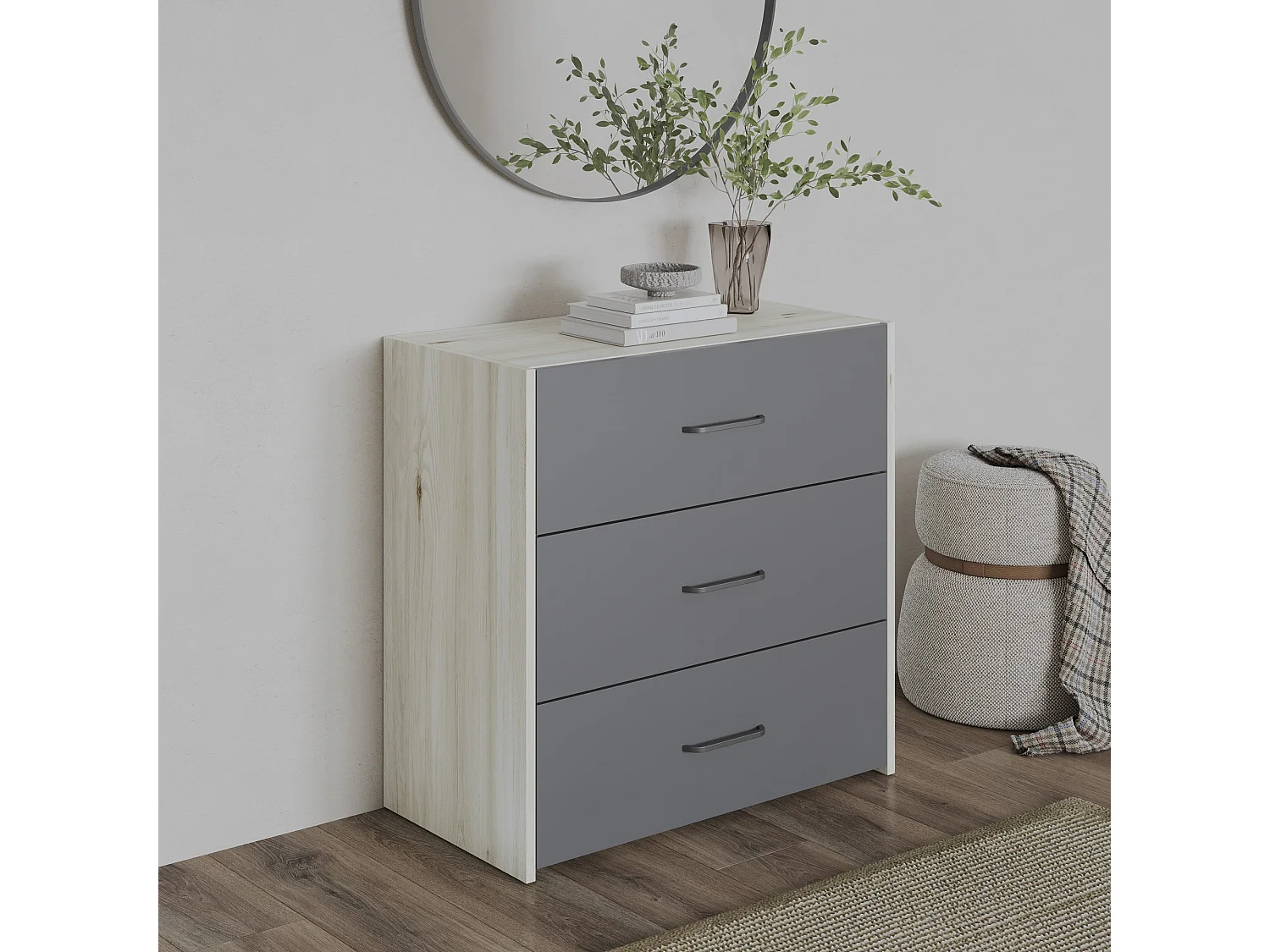 Cômoda haaus Malmo, 3 gavetas, carvalho branco/antracite, 80 x 42 x 80 cm