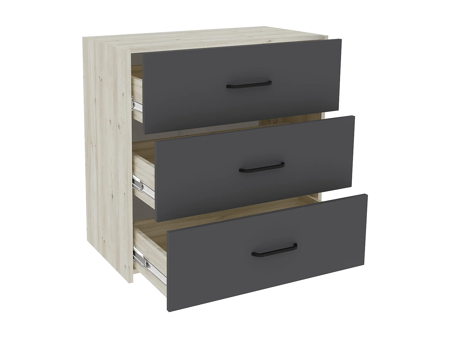 Commode Malmo, 3 Laden, Wit eiken/Antraciet, 80 x 42 x 80 cm