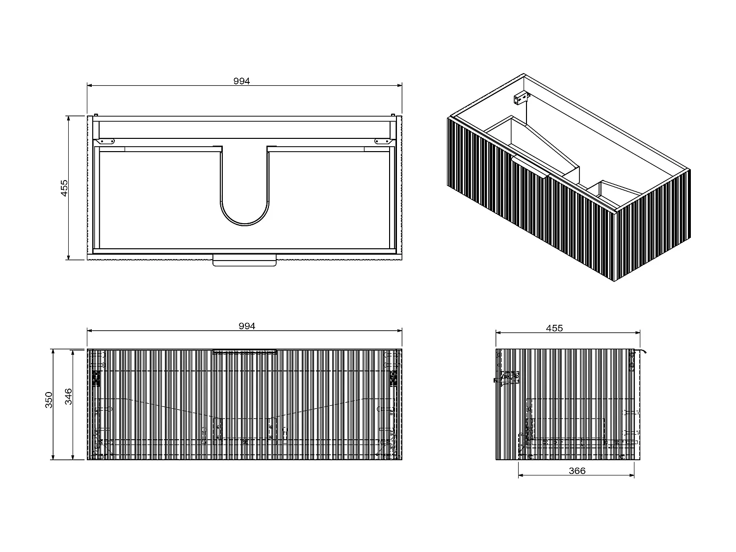 Badmöbelschrank hängend mit Rillenoptik, Einbauwaschbecken + Armatur - Weiß - 100 cm - PALIRO