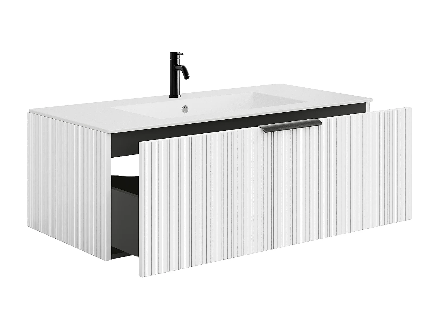Meuble de salle de bain suspendu strié avec vasque à encastrer et robinet - Coloris blanc - 100 cm - PALIRO