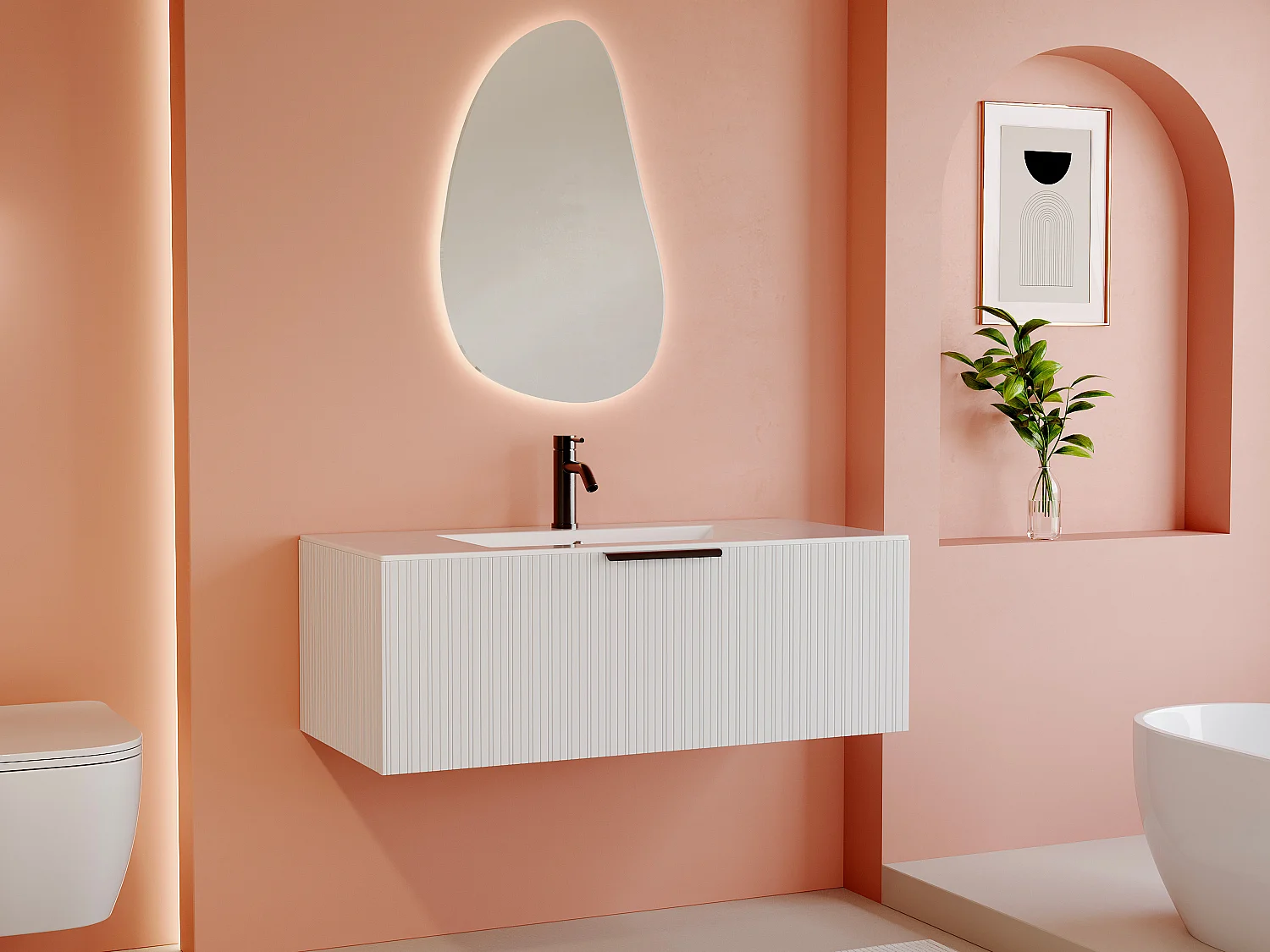 Meuble de salle de bain suspendu strié avec vasque à encastrer et robinet - Coloris blanc - 100 cm - PALIRO