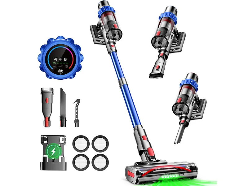 Hiazurm Aspirateur Balai Sans Fil - 80000 Pa - 3 Modes d’Aspiration - Affichage LED - 20-70 Min d’Autonomie - 1,8 L - Avec Brosse pour Meubles - 750W
