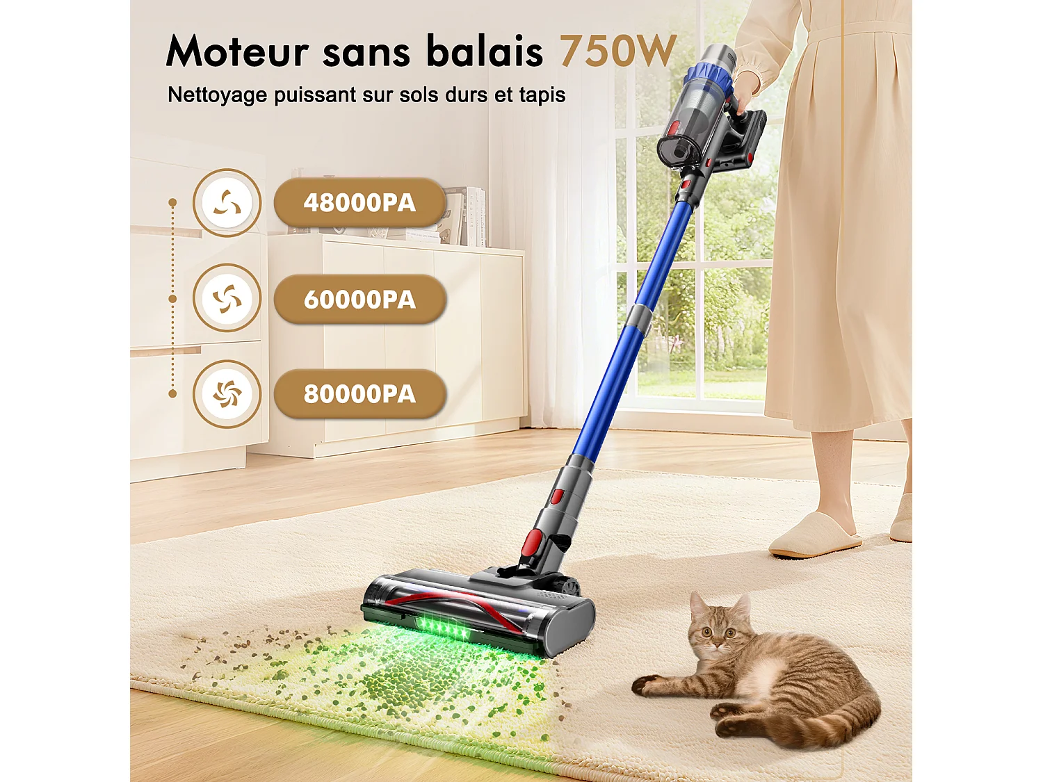 Hiazurm Aspirateur Balai Sans Fil - 80000 Pa - 3 Modes d’Aspiration - Affichage LED - 20-70 Min d’Autonomie - 1,8 L - Avec Brosse pour Meubles - 750W