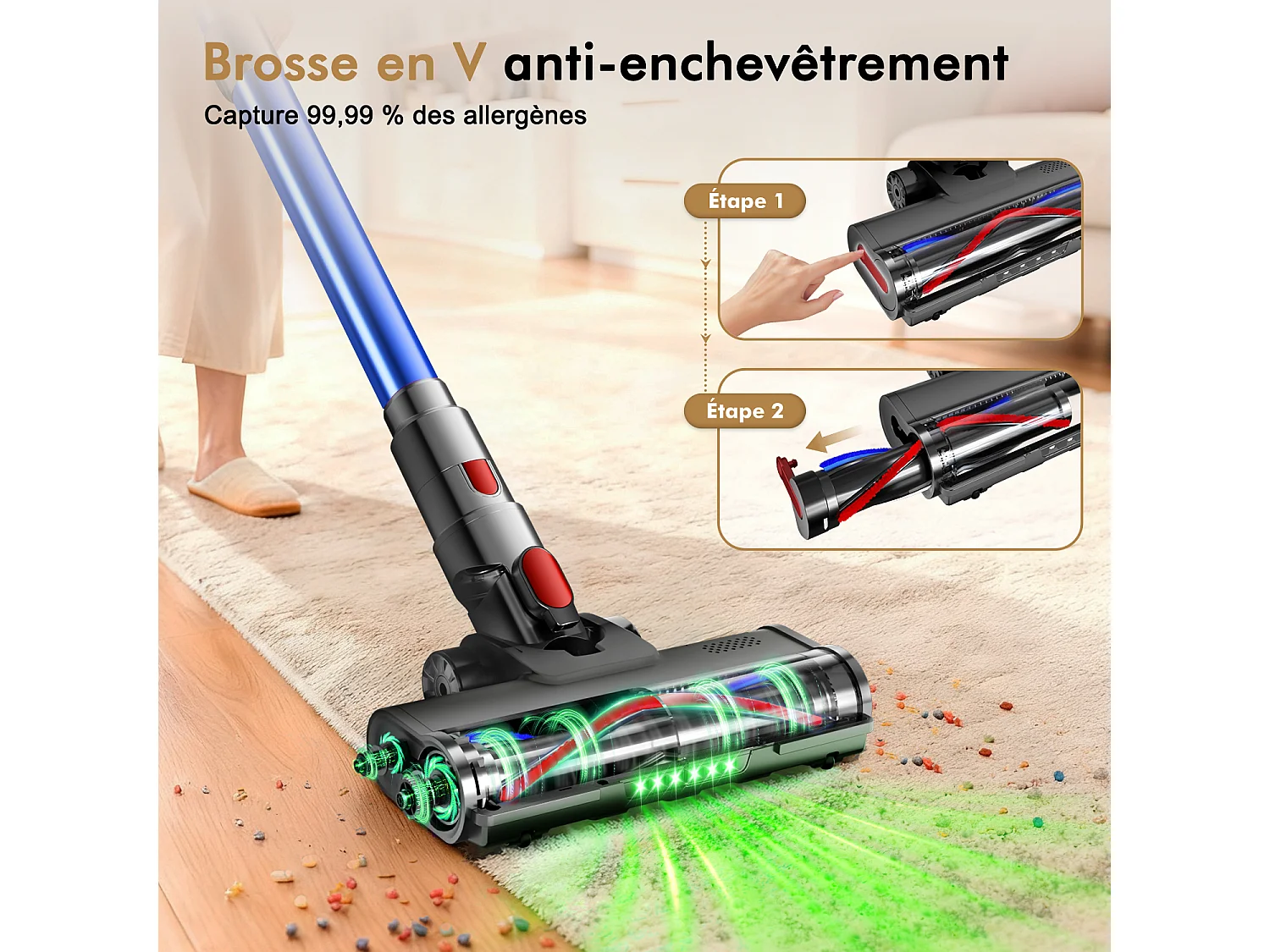 Hiazurm Aspirateur Balai Sans Fil - 80000 Pa - 3 Modes d’Aspiration - Affichage LED - 20-70 Min d’Autonomie - 1,8 L - Avec Brosse pour Meubles - 750W