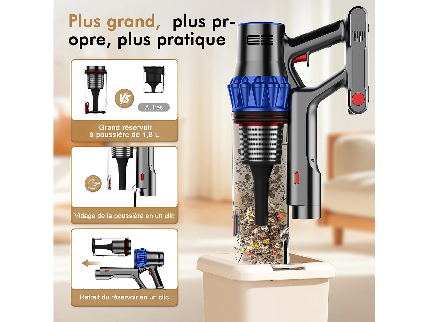 Hiazurm Aspirateur Balai Sans Fil - 80000 Pa - 3 Modes d’Aspiration - Affichage LED - 20-70 Min d’Autonomie - 1,8 L - Avec Brosse pour Meubles - 750W