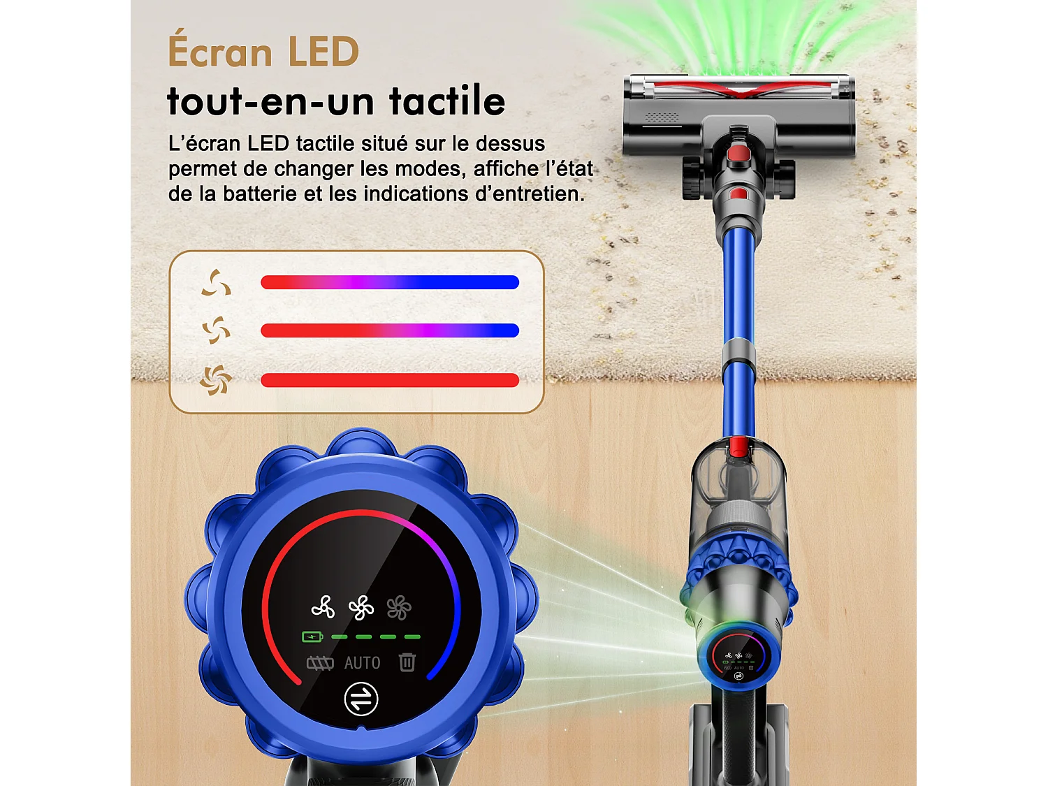 Hiazurm Aspirateur Balai Sans Fil - 80000 Pa - 3 Modes d’Aspiration - Affichage LED - 20-70 Min d’Autonomie - 1,8 L - Avec Brosse pour Meubles - 750W