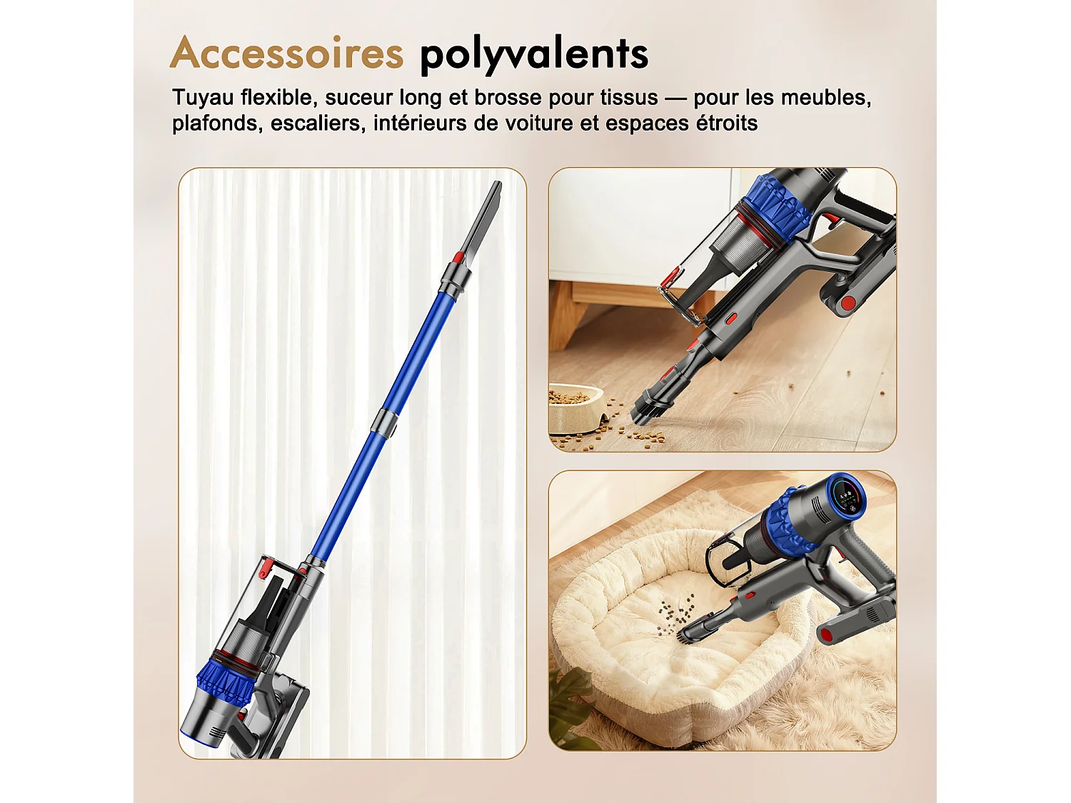 Hiazurm Aspirateur Balai Sans Fil - 80000 Pa - 3 Modes d’Aspiration - Affichage LED - 20-70 Min d’Autonomie - 1,8 L - Avec Brosse pour Meubles - 750W