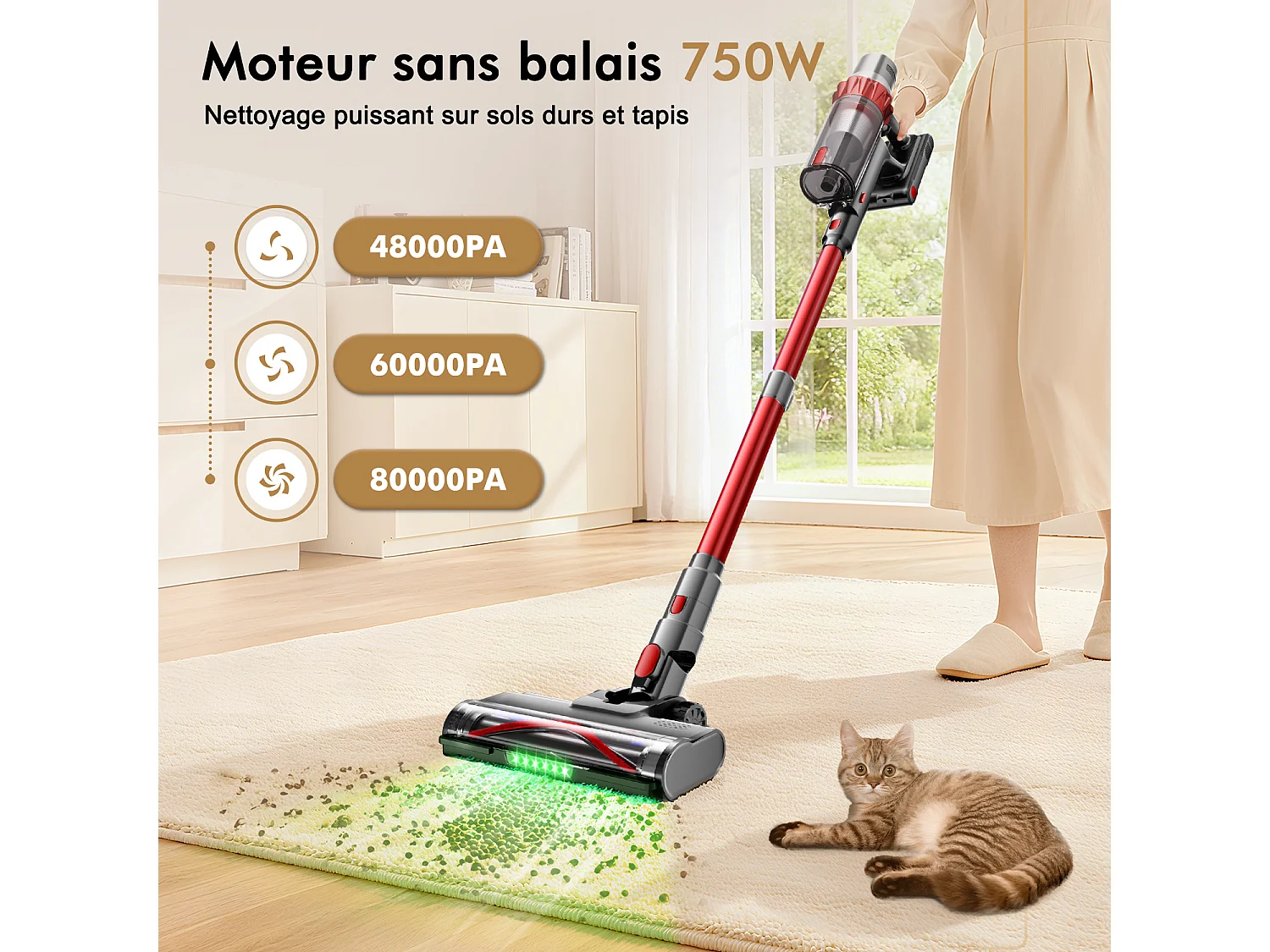 Hiazurm Aspirateur Balai Sans Fil - 80000 Pa - 3 Modes d’Aspiration - Affichage LED - 20-70 Min d’Autonomie - 1,8 L - Avec Brosse pour Meubles - 750W