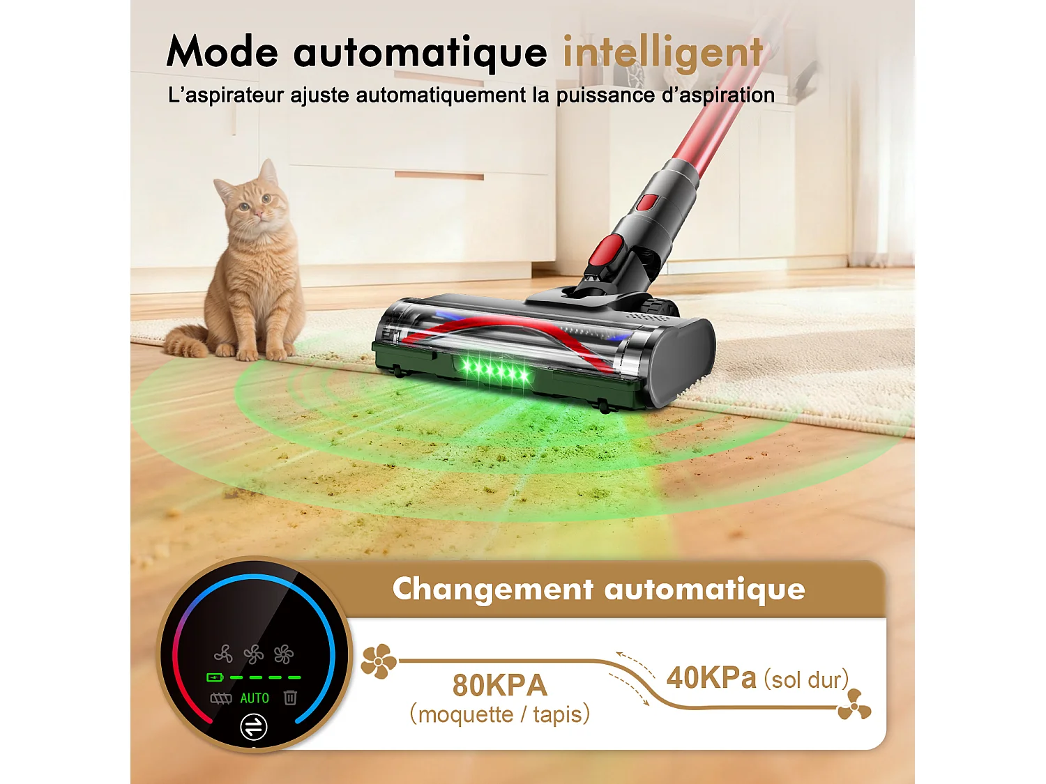 Hiazurm Aspirateur Balai Sans Fil - 80000 Pa - 3 Modes d’Aspiration - Affichage LED - 20-70 Min d’Autonomie - 1,8 L - Avec Brosse pour Meubles - 750W
