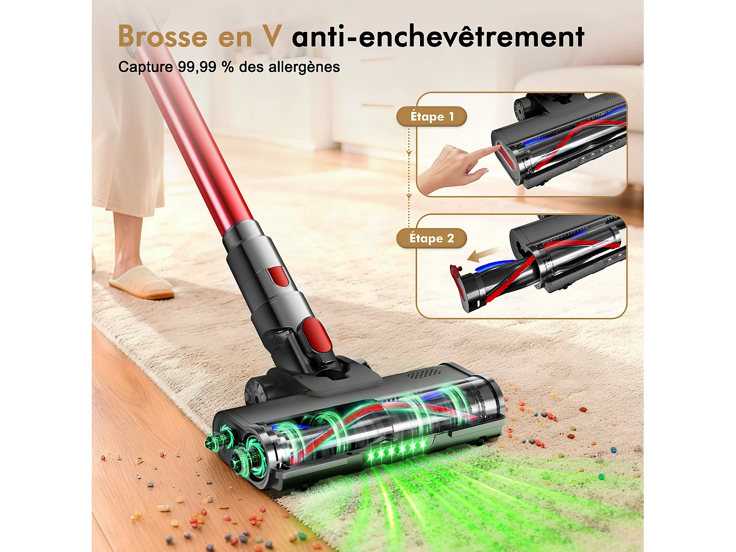 Hiazurm Aspirateur Balai Sans Fil - 80000 Pa - 3 Modes d’Aspiration - Affichage LED - 20-70 Min d’Autonomie - 1,8 L - Avec Brosse pour Meubles - 750W