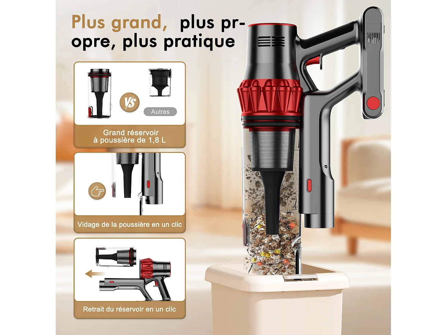 Hiazurm Aspirateur Balai Sans Fil - 80000 Pa - 3 Modes d’Aspiration - Affichage LED - 20-70 Min d’Autonomie - 1,8 L - Avec Brosse pour Meubles - 750W