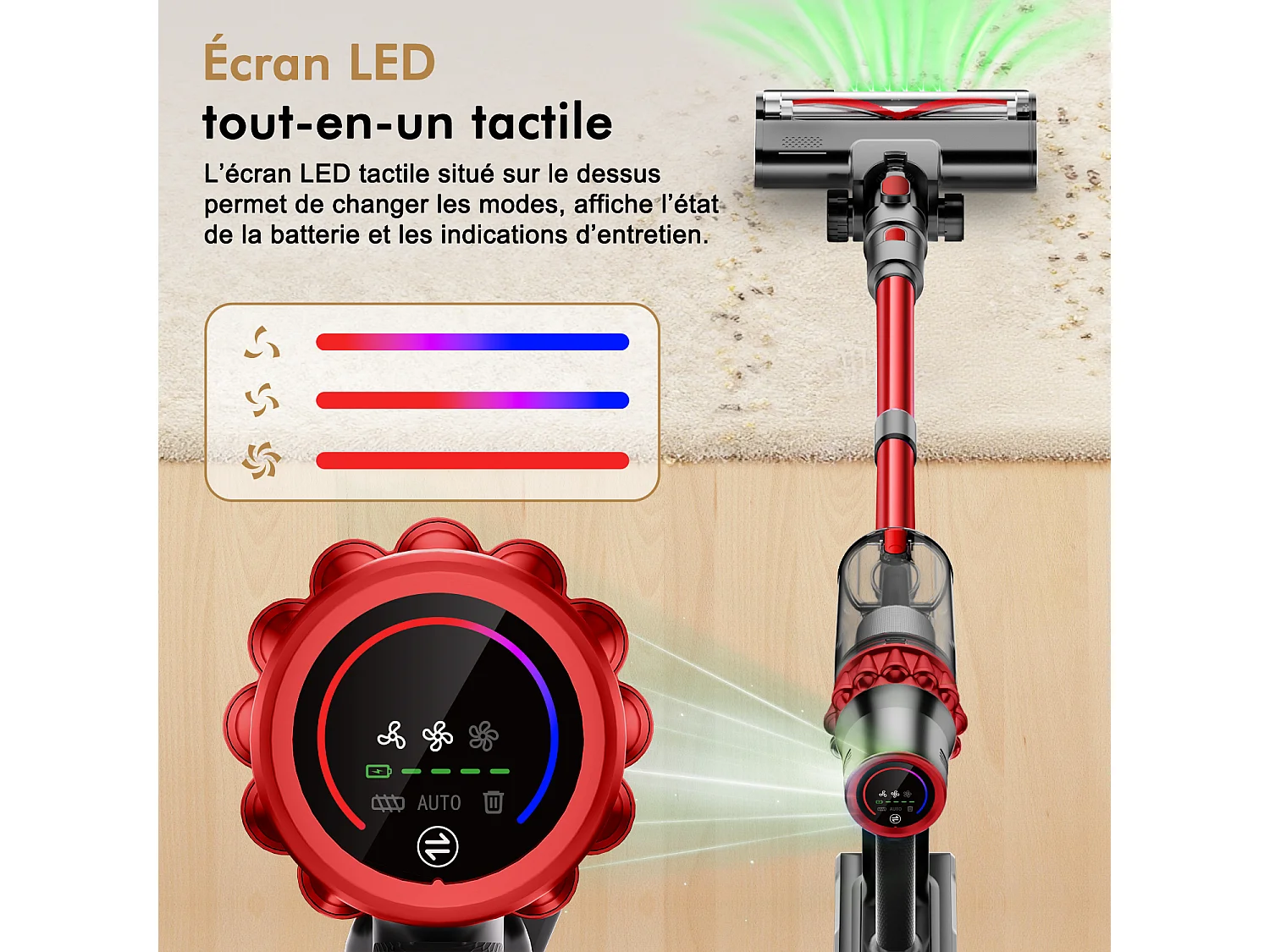 Hiazurm Aspirateur Balai Sans Fil - 80000 Pa - 3 Modes d’Aspiration - Affichage LED - 20-70 Min d’Autonomie - 1,8 L - Avec Brosse pour Meubles - 750W